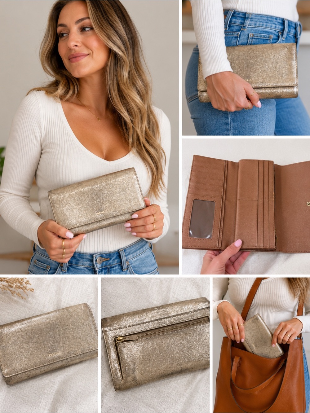 Fossil Metallic Gold Leather Clutch Wallet